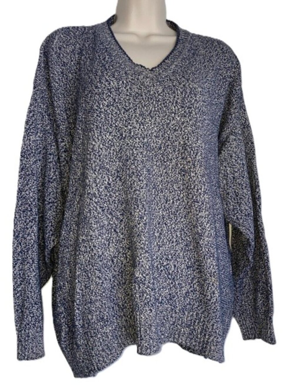 CLAIBORNE Knit V-neck Pullover Long Sleeve Marled Blue White Sweater Womens XL